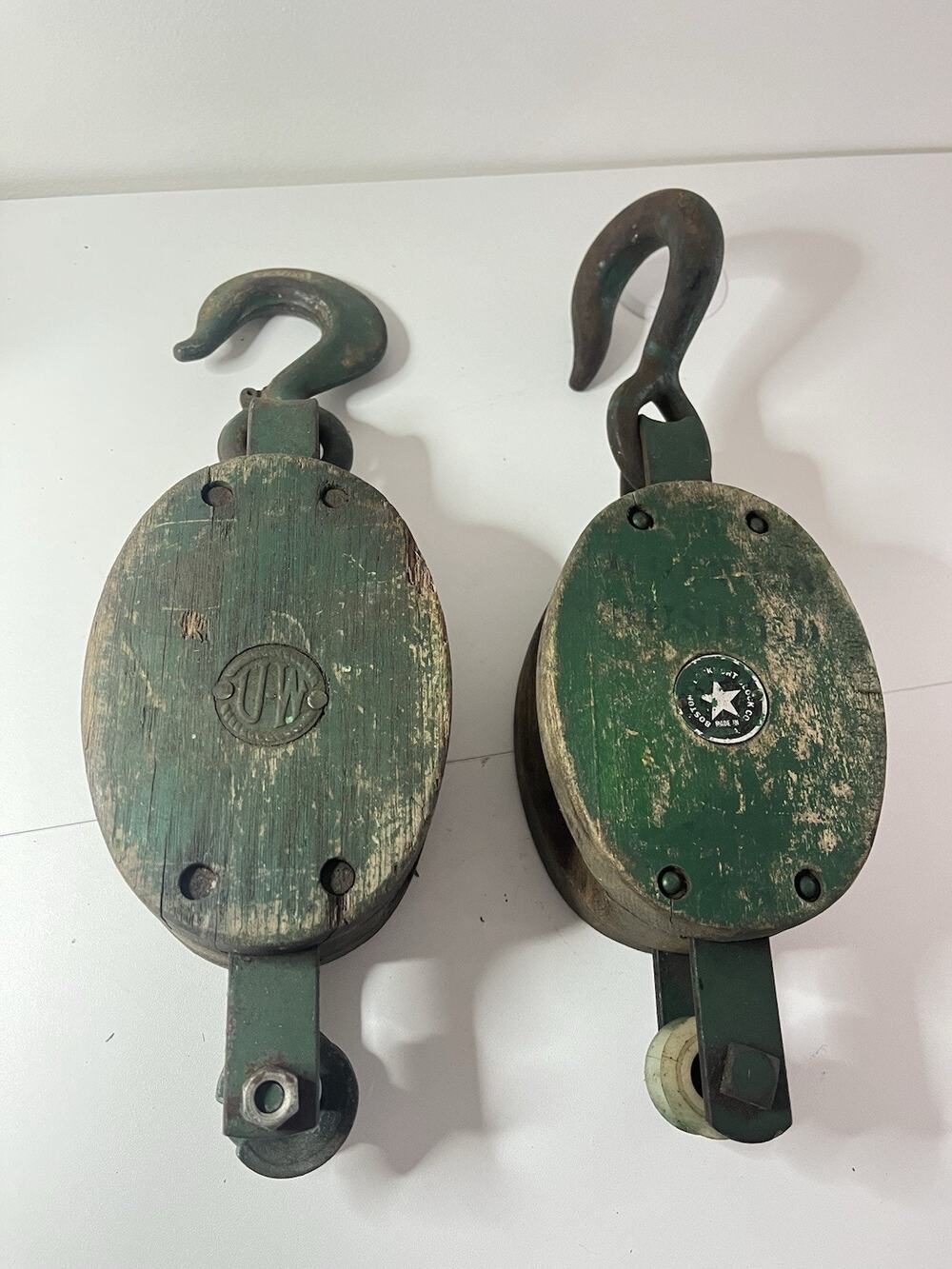 Set Of 2 Vintage Wooden Block Tackle Pulley Barn Industrial Decor Steampunk VTG
